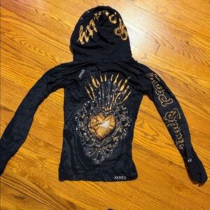 Rebel Spirit Hooded Top Black Rhinestone Heart Graphic Size Small